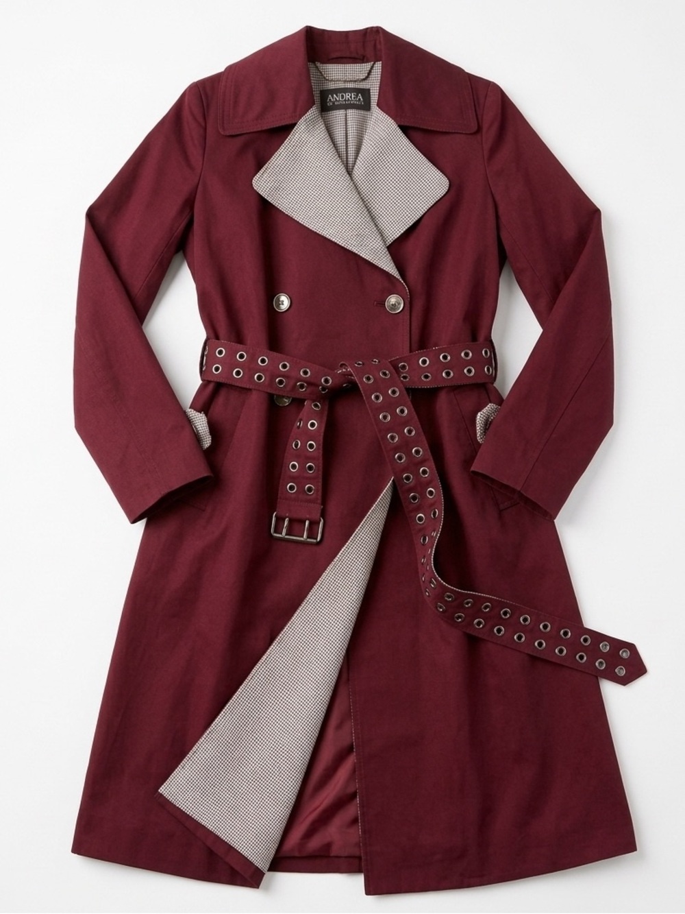 Badgley Mischka Burgundy Trench Coat with Houndstooth Trim